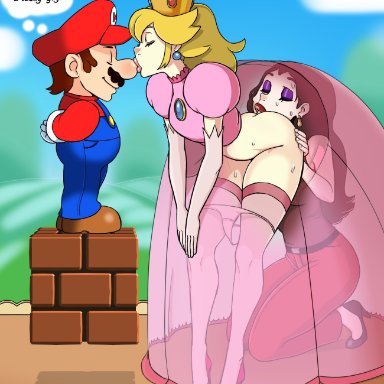 mario (series), super mario bros., mario, pauline, princess peach, b-intend, 1boy, 2girls, anilingus from female, ass, bigger female, blonde hair, brown hair, crown, dress