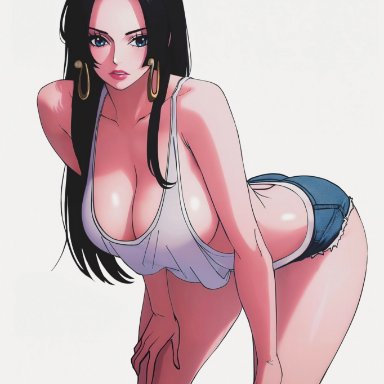 one piece, shounen jump, boa hancock, prixmal, 1girls, bare arms, bare legs, bare shoulders, bare thighs, big breasts, black hair, blue eyes, clothed, clothing, female