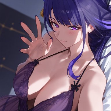 genshin impact, raiden shogun, 1girls, blue hair, breasts, female, female only, hair ornament, large breasts, light skin, looking at viewer, negligee, nightgown, painted nails, pale skin