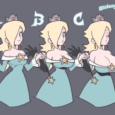 mario (series), nintendo, super mario galaxy, princess rosalina, subway sum, 1girls, alternate breast size, bare shoulders, big breasts, breast expansion, breasts, cleavage, expansion, eyebrows, eyelashes