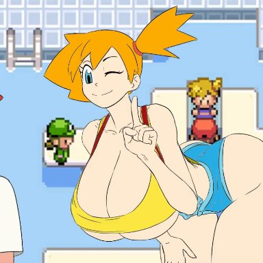 pokemon, kasumi (pokemon), metapod, anythinggoes, goupex, 1boy, 1girls, big breasts, big thighs, blowjob, breasts, deepthroat, enormous breasts, eyebrows visible through hair, eyes