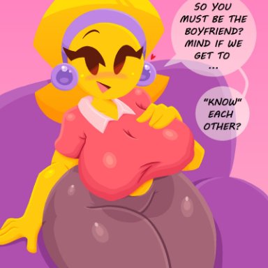 emoji (race), emoji milf, jjoyplus, emoji, emojis, emojisexual, hand on breast, purple headwear, red shirt, sitting on person, thick thighs, yellow body, text, text bubble