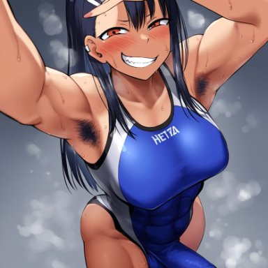 please don't bully me, nagatoro, hayase nagatoro, gloopai, 1futa, abs, armpit fetish, armpit hair, armpits, arms above head, arms up, balls, balls under clothes, bicep, biceps, big penis