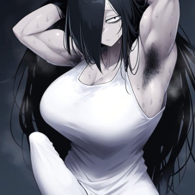 the ring, yamamura sadako, gloopai, 1futa, armpit, armpit fetish, armpit hair, armpits, arms behind head, arms up, bicep, biceps, big breasts, big penis, black hair