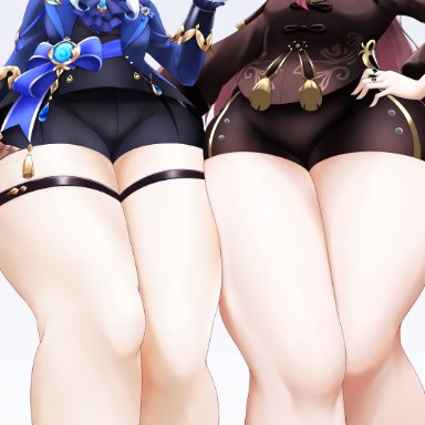 genshin impact, mihoyo, furina (genshin impact), hu tao (genshin impact), 2girls, bare legs, bare thighs, close-up, female, female only, shorts, standing, thick thighs, thighs, low-angle view