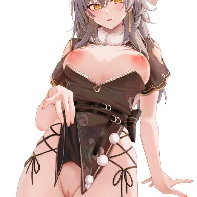 honkai (series), honkai: star rail, mihoyo, stelle (honkai: star rail), ru zhai, 1girls, bare breasts, big breasts, breasts, grey hair, light skin, light-skinned female, long hair, looking at viewer, no bra