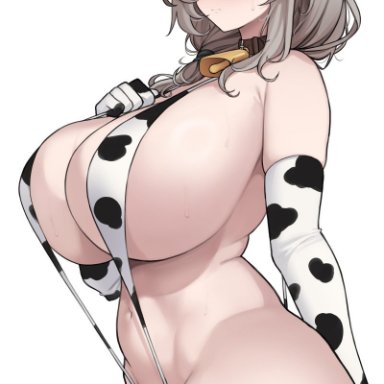 uzaki-chan wa asobitai!, uzaki tsuki, nago purin, animal ears, animal print, bare shoulders, bell, bikini, blush, breasts, closed eyes, closed mouth, collar, cow ears, cow girl