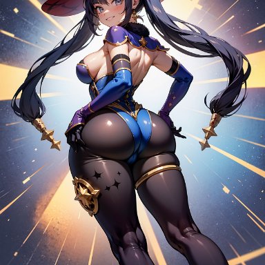 genshin impact, mona (genshin impact), strangetlove, abstract background, ass, earrings, female, from behind, grey eyes, looking at viewer, looking back, medium breasts, sideboob, smile, solo female