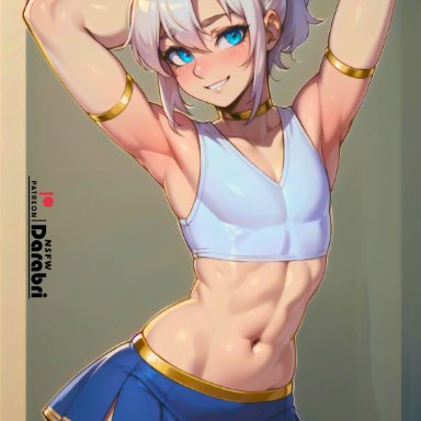 patreon, spirit wey, darabri, 1boy, abs, arched back, armband, armpits, arms behind head, arms up, belly, blue eyes, blush, cheerleader, cheerleader uniform