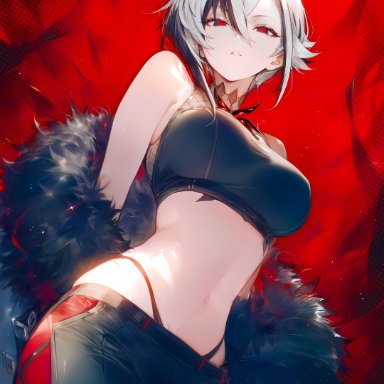 genshin impact, arlecchino (genshin impact), 1girls, breasts, crop top, female, jacket, looking at viewer, midriff, pants, short hair, solo, white hair, ai generated