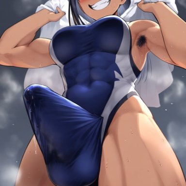 please don't bully me, nagatoro, hayase nagatoro, gloopai, 1futa, abs, armpit fetish, armpit hair, armpits, arms above head, arms up, balls, balls under clothes, bicep, biceps, big penis