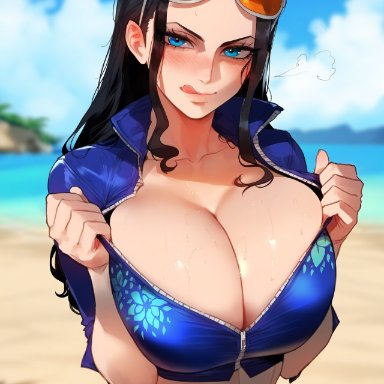one piece, shounen jump, nico robin, floox, 1girls, big breasts, black hair, blue eyes, breasts bigger than head, clothed, clothing, female, female focus, female only, large breasts