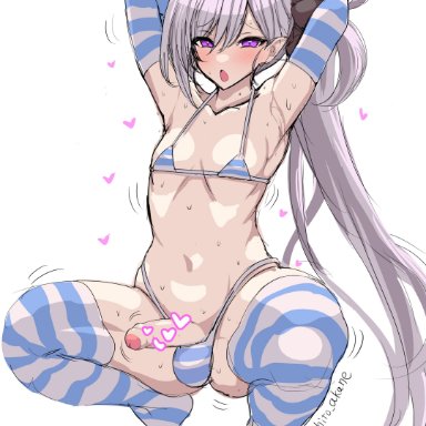 blue archive, mutsuki (blue archive), rihito akane, 1futa, arms up, balls, balls in panties, bikini, clothed, clothing, erection, flat chest, futa only, futanari, human