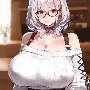 hololive, shirogane noel, floox, 1girls, big breasts, blush, breasts, cleavage, clothed, clothed female, clothing, female, gigantic breasts, glasses, green eyes