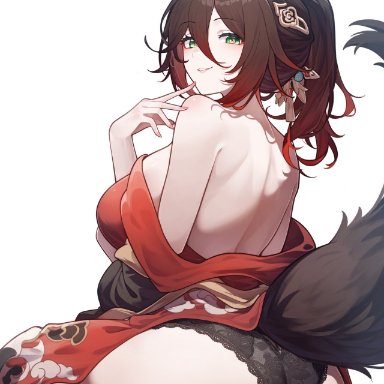 honkai (series), honkai: star rail, tingyun (honkai: star rail), setsumanga, 1girls, alluring, animal ears, animal tail, bare back, black panties, brown hair, fat ass, female, female focus, female only