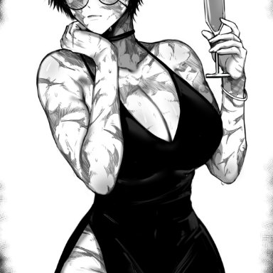 jujutsu kaisen, shounen jump, zenin maki, masoq095, 1girls, bandage over one eye, big breasts, burn marks, burn scar, burns, busty, cleavage, dress, drink, elegant dress