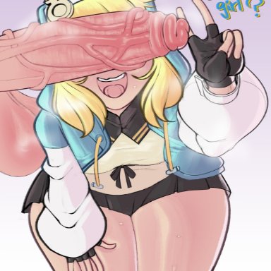 guilty gear, bridget, dedalo, 1girls, breasts, clothed, clothed female, female, female focus, huge cock, huge thighs, penis, thighs, v, v sign