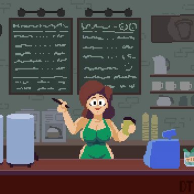 oc, original character, deltatwig, 1girls, big breasts, breast expansion, breasts, growth, lactation, animated, iced latte with breast milk, meme, no sound, pixel animation, pixel art