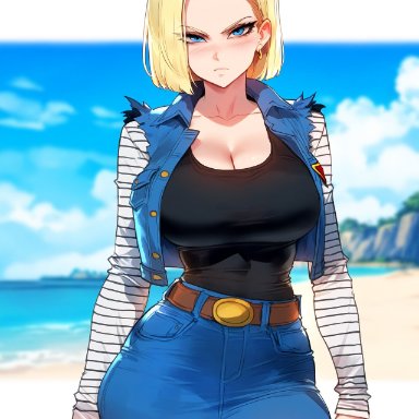 dragon ball, dragon ball z, android 18, floox, 1girls, big breasts, blonde hair, blue eyes, clothed, clothing, female, female focus, female only, large breasts, light skin
