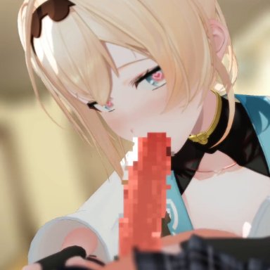 hololive, hololive myth, holox, hoshimachi suisei, kazama iroha, suzutaro3d, 1futa, 1girls, blonde hair, blue eyes, close-up, clothing, cum, cum in mouth, cum on face