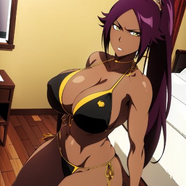 bleach, shihouin yoruichi, bedroom, bikini, black bikini, dark-skinned female, fit female, frown, frowning, hourglass figure, large ass, large breasts, long hair, looking at viewer, ponytail