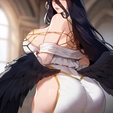 overlord (maruyama), albedo (overlord), floox, 1girls, ass, ass focus, back, back view, bare shoulders, big ass, big breasts, big butt, black hair, blush, clothed