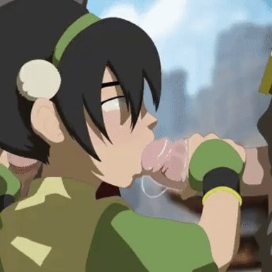 avatar the last airbender, toph bei fong, deepstroke, 1girls, 2boys, blowjob, clothed female, erect penis, handjob, horny female, human, humanoid penis, oral sex, outside, small breasts