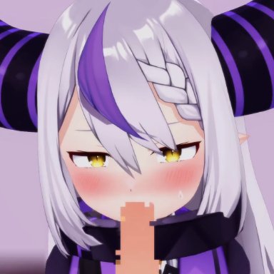 hololive, hololive japan, holox, la+ darknesss, suzutaro3d, ahoge, blush, braid, cum, cum in mouth, ejaculation, fellatio, horns, looking at viewer, multicolored hair