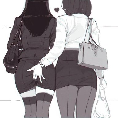 futomomomoe, 2girls, ass, ass focus, ass grab, duo, female, female only, fingering, fingering through clothes, office lady, pantyhose, pencil skirt, stealth ass grab, thighhighs