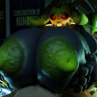 blizzard entertainment, overwatch, omnic, orisa, snips456fur, 1boy, 1girls, angry, angry face, angry sex, boobjob, bumpy areola, clapping breasts, green nipples, hands on breasts