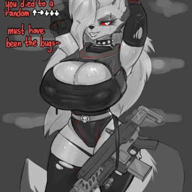 helluva boss, loona (helluva boss), elzzombie, 1girls, assault rifle, big breasts, big thighs, black leotard, black thighhighs, breasts, cameltoe, cleavage, clothed, clothing, collar