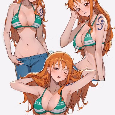 one piece, nami, nami (one piece), sooon, 1girls, adult, arm tattoo, arms behind head, bare arms, bare midriff, bare shoulders, belly, belly button, bikini, blush