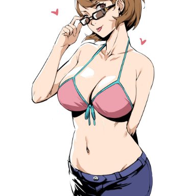 atlus, persona, persona 3, yukari takeba, liangjushuang, breasts, female, female only, one eye closed, short hair, solo, swimsuit, white background