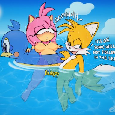 sega, sonic the hedgehog (series), amy rose, flicky, tails, excito, breasts, cheating, cheating girlfriend, floatie, genitals, inflatable, netorare, orgasm face, partially submerged
