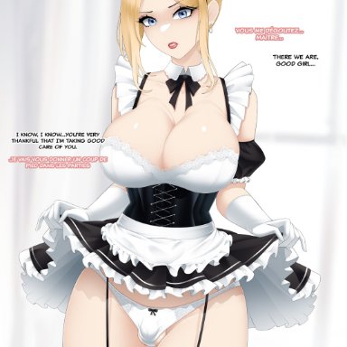 jesscatg, 1boy, blonde hair, blue eyes, bulge, chastity cage, earrings, fake breasts, feminization, french maid, hairbun, lipstick, maid, maid uniform, sissy