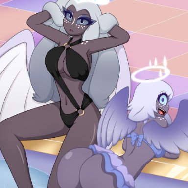 hazbin hotel, emily (hazbin hotel), sera (hazbin hotel), drake-rex, 2girls, angel, angel wings, ass, blue eyes, breasts, cleavage, female, female only, freckles, grey skin