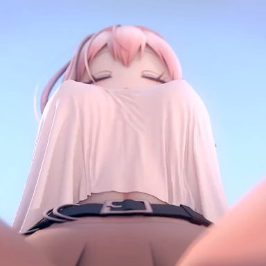 benevolent bunny, breast expansion, breasts bigger than head, closed eyes, closed mouth, first person view, giant breasts, giantess, huge nipples, nipple bulge, nipples visible through clothing, pink hair, white shirt, animated, tagme