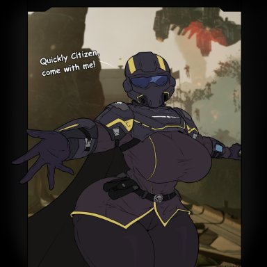 helldivers, helldivers 2, helldiver (helldivers), methados, 1girls, 5 fingers, armor, armored, armored female, armored gloves, belt, big breasts, big thighs, breasts, busty