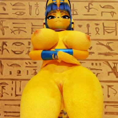 ankha, ankha (animal crossing), scrag boy, shwazy (artist), ankha zone, anus peek, blue hair, bob cut, bowl cut, furry, looking at viewer, looking down, pussy, pussy peek, swaying