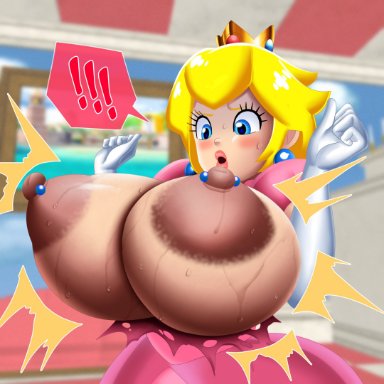 mario (series), nintendo, super mario bros., princess peach, doompypomp, 1girls, big lips, blonde hair, blue eyes, blush, breast expansion, breasts out, disgusted, earrings, female