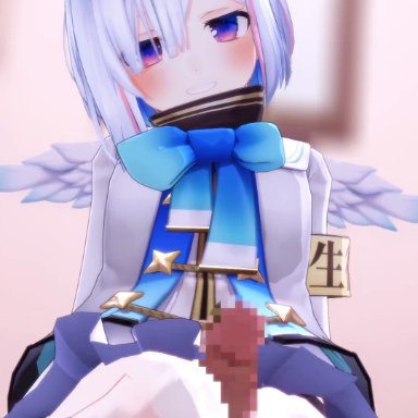 hololive, hololive japan, amane kanata, suzutaro3d, big penis, blue eyes, blue hair, bow, clothing, flat chest, halo, huge cock, large penis, looking at viewer, multicolored hair