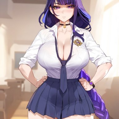 genshin impact, raiden shogun, floox, braid, busty, choker, cleavage, genshin impactfloo, hands on hips, hourglass figure, necktie, purple eyes, purple hair, school uniform, schoolgirl