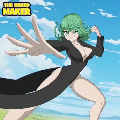 one-punch man, tatsumaki, the naked maker, 1boy, 1girls, areola, areolae, arm covers breast, black dress, blush, bouncing breasts, cleavage, clothed, clothed female, clothing