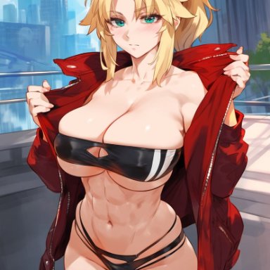 fate (series), mordred (fate), truck kun, 1girls, abs, bare shoulders, bare thighs, big breasts, blonde hair, blue eyes, blush, bra, clothed, clothing, female