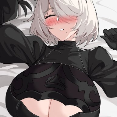 nier (series), nier: automata, yorha 2b, drogod (artist), hella p, 1girls, arms up, big breasts, blush, blush lines, breasts, cleavage, cleavage cutout, closed eyes, eyebrows visible through hair