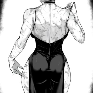 jujutsu kaisen, shounen jump, zenin maki, masoq095, 1girls, ass, back, back view, bare shoulders, behind, behind view, big ass, big butt, burn marks, burn scar