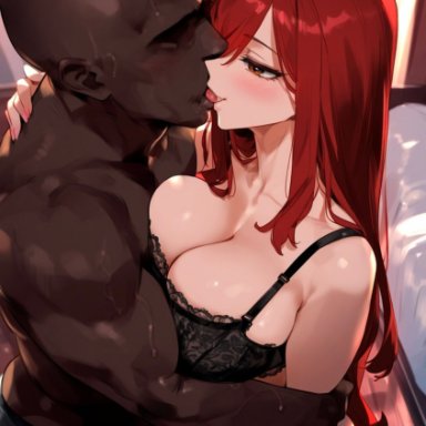 fairy tail, erza scarlet, truck kun, 1boy, 1girls, bare arms, bare legs, bare shoulders, bare thighs, big breasts, big penis, blush, bra, dark skin, dark-skinned male