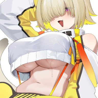 goddess of victory: nikke, elegg (nikke), kithera, :3, ahoge, animal ears, blonde hair, blush, breasts, cat ears, cat girl, clothing cutout, covered erect nipples, cowboy shot, cropped jacket