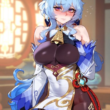genshin impact, ganyu (genshin impact), floox, blue hair, cleavage, goat horns, large breasts, thick thighs, thighs, ai generated, tagme
