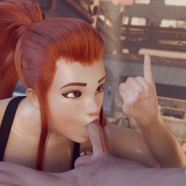 overwatch, overwatch 2, brigitte, gladionanimated, brown eyes, fellatio, light skin, light-skinned female, light-skinned male, looking at partner, pinky out, ponytail, red hair, saliva, size comparison